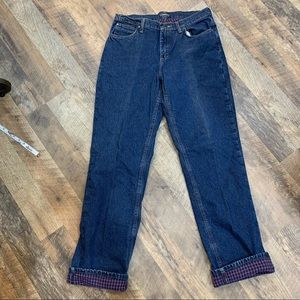 Womens Cabelas Plaid Flannel Lined High Waist Jeans Long Length